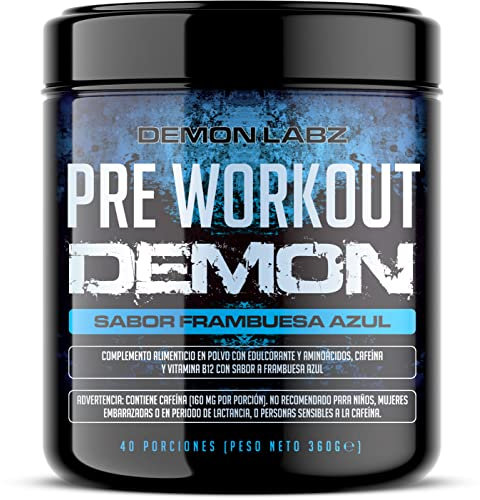 Pre Workout Demon - Suplemento Potente pre-Entreno con Creatina, Cafeína, Beta-Alanina y Glutamina (Frambuesa Azul, 360g)