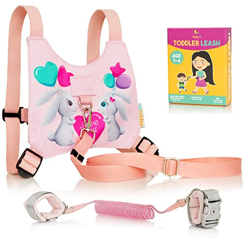 HappyVk Toddler Reins - Baby Reins - Child Walking Harness - Baby Anti Lost Wrist Link with Key Lock - Kid Pink Leash- Child Safety Harness Ages 1-4 - Cute Little Bunnies