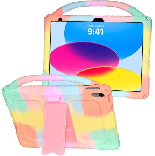 Adocham Barnfodral för iPad 10:e generationen 10,9 tum 2022, iPad 10:e generationen barnfodral inbyggt stativhandtag, lätt stöttåligt iPad-fodral i silikon 10,9 tum 2022 (regnbåge)