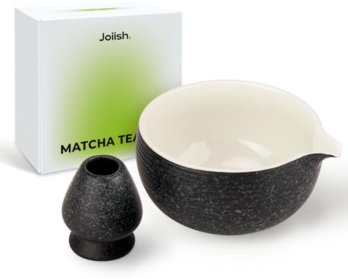 Joiish Matcha Bowl and Whisk Holder Set, Ceramic Bowl with Spout, Chasen Stand, Matcha Mixing Bowl for Whisking Matcha, Charcoal Grey (18 Ounce)