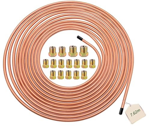 lcyen Kupfer Bremsleitung 7.62m,3/16 Zoll Bremsleitung (4.75mm), mit 16 Verschiedene Größen Verbindungen, Einbaufertige Kupferbremsleitung, Bördelgerät General Bremskit für Automobile