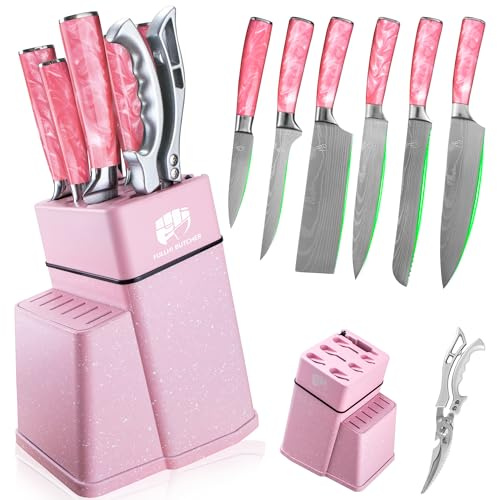 FULLHI 8-delad blockknivset, kockknivset med block och vässare, köksknivset, flerfärgat handtag, presenter till män kvinnor (Rosa harts)