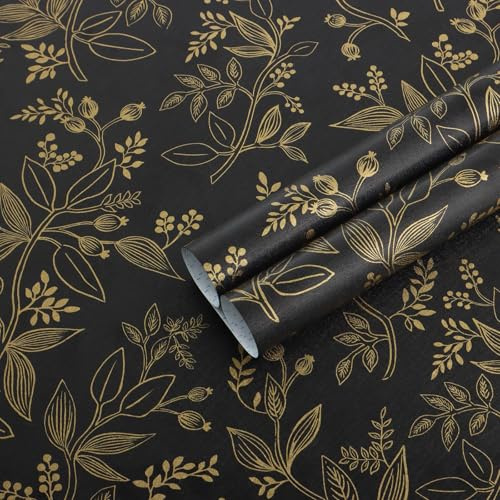 Fiula Papel tapiz autoadhesivo de hojas de color negro y dorado, 44 cm x 10 m, adhesivo para muebles, papel de contacto floral para dormitorio, sala de estar
