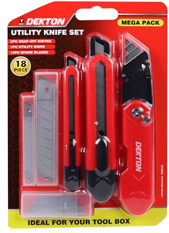 Dekton Utility Knife Set | 3-Piece Heavy-Duty Utility Knife with Snap-Off Blades | Includes Compact, Standard & Large Sizes | Ergonomic Soft-Grip Handles | Durable for Home, DIY, & Professional Use