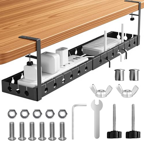 Plateau de gestion des câbles sous le bureau sans perçage – Organiseur de câbles rétractable de 29 à 55 cm, panier de câbles en acier sans vis pour bureau, maison et cuisine – Plateau de câbles peu