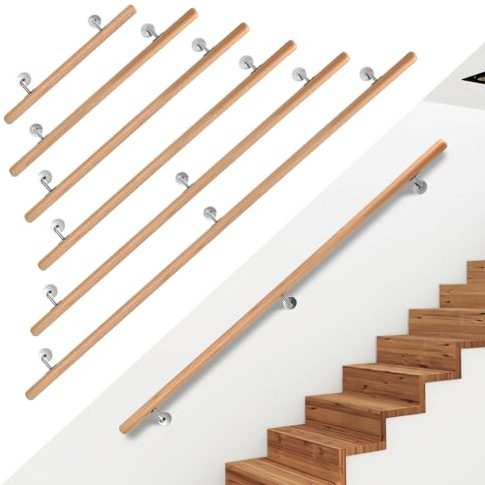 Ikodm Treppengeländer Holz Buche 100 cm Ø42mm Treppengeländer für Treppen Wandhandlauf Treppen Seitenmontage mit Wandhalterungen, Montagematerial