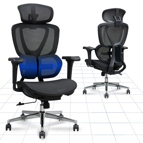 FlexiSpot Ergonomischer Bürostuhl MIT ROLLEN, Arbeitsstuhl mit Dual-Wing Lendenstütze, 3D-Kopfstütze, 3D-Armlehnen & Verstellbarer Sitztiefe, 3-Stufen Neigung & höhenverstellbare Rückenlehne (Schwarz)