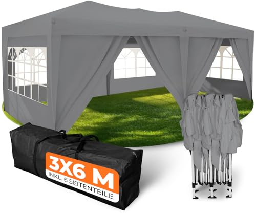 Kronenburg Fällbar paviljong vattentät paviljong med 6 sidodelar, trädgårdstält, 3 x 6 m – med UV-skydd 50+, grå