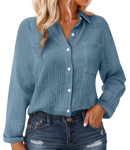 Chemisier en mousseline de coton pour femmes avec boutons - Manches longues, blouse texturée crinkle avec poche, coupe décontractée légère pour l'été et superposition, bleu ciel, XXL
