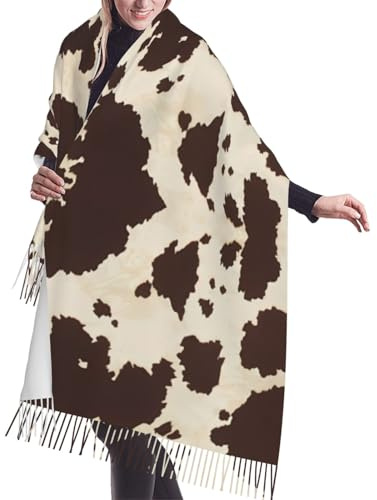 hhxvcv Scialle da donna con frange - Sciarpa lunga in cashmere con motivo a pois di mucca, stampa completa, perfetta per autunno e inverno, Stampa pelliccia di mucca, Taglia unica