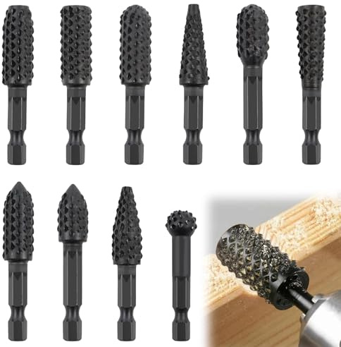 MISIQIMA Set di 10 penne per fresa, codolo esagonale, fresa per legno con un diametro del gambo di 6,35 mm, tra cui 10 forme come fresa a sfera per legno, punte a testa cilindrica, per diversi tipi di