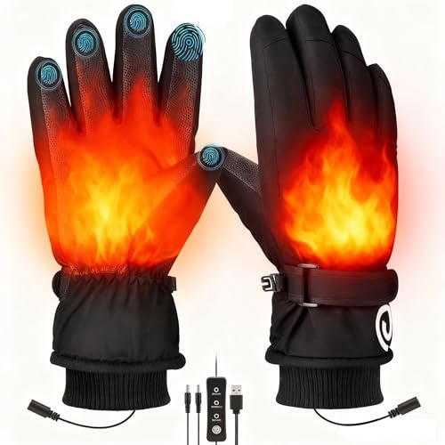 Yaskyly Gants Chauffants USB pour Femme & Homme Gants Tactiles Hiver - Chauffage Intégral des Doigts, 3 Niveaux de Température - Imperméables & Anti-Vent - Idéaux pour Ski, Moto, Velo et Conduite