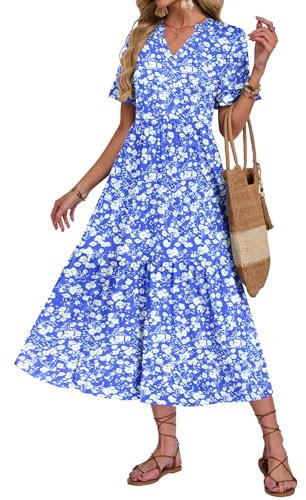 AUSELILY Vestito Lungo Estivo Donna Manica Corta a Volant Scollo V Vestito da Mare Spiaggia Lungo Abito Casual Elegante con Tasche Fiori Blu e Bianchi M