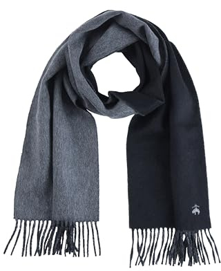 Brooks Brothers Wool and Cashmere Woven Patterned Scarf with Twisted Fringe - Men's Luxury Winter Scarf, 66-inches x 12-inches, Black/Grey Doubleface