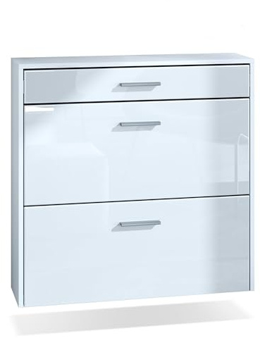 InnoFurn hängender Schuhschrank Roma Air Schmal mit 2 Klappen und 1 Schublade, Platzsparender Schuhkipper Flurschrank für Diele Flur Garderobe, Weiß matt/Weiß Hochglanz (89 x 87 x 23 cm)