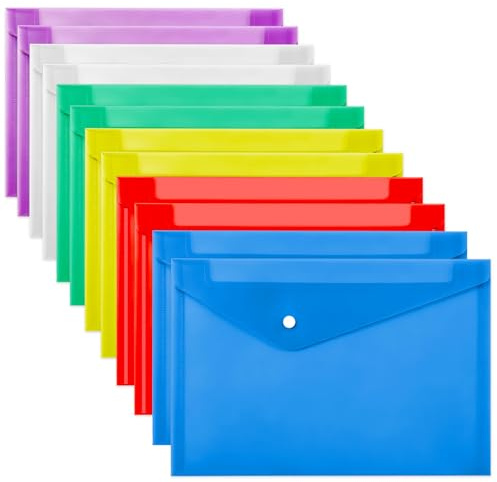 12Pcs A4 Plastic Wallets Folders Waterproof Document Folders Transparent Colours with Button for School Office Storage and Organization