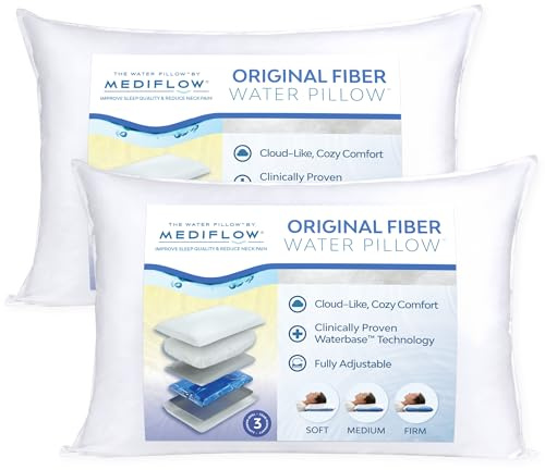 Mediflow Original Fibre Water Pillows – Adjustable Orthopaedic Neck Support, Waterbase Cushioning – Side, Back & Front Sleepers (2 Pack)