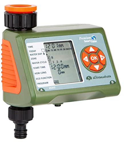 Ultranatura Bewässerungscomputer mit LC-Display, ideal zur Blumenbewässerung, Rasenbewässerung etc, Bewässerungssteuerung mit einem Ausgang und Vier Bewässerungszyklen, inkl. Schlauchkupplung, Grün