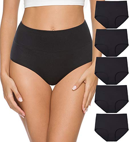 Wealurre Women High Waist Cotton Knickers C Section Underwear Ladies Full Coverage Briefs Tummy Control Panties Underpants Multipack 5 (1002 Black,L)