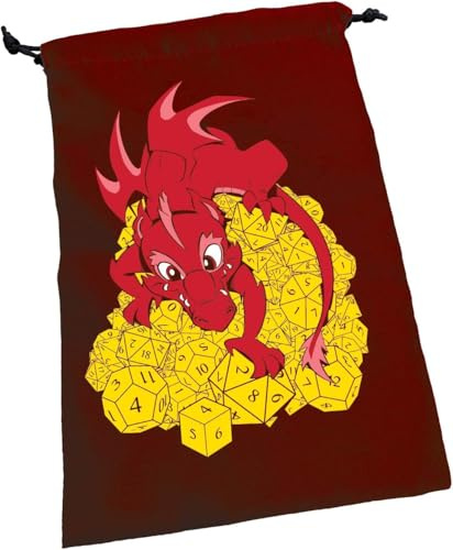 Dice Dragon Dice Bag | Large Drawstring Bag 6” x 9” | Printed Fabric | Holds Over 100 Dice | Two Meeple Dice | RPG Bag | Roleplaying Game Bag | Tabletop Adventure Game Bag | from Steve Jackson Games Red