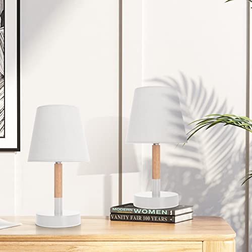 Aigostar Nachttischlampe 2er Set Holz, Moderne Tischlampe mit Stoffschirm und Metallfuß, E14 Fassung, Tischleuchte für Schlafzimmer, Wohnzimmer, Arbeitszimmer – Weiß
