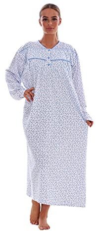 Malay Thermal Cotton Long Nightdress Floral Button V-Neck Soft Brushed Nightwear