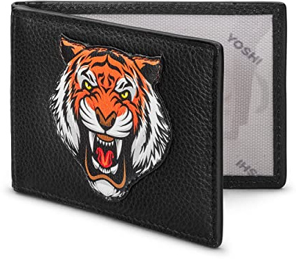 Yoshi Tiger Motif Leather Card Holder - Double Sided, Travel Pass & ID Card Holder for Men & Women