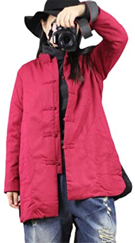 Veste mi-longue rétro rembourrée en coton pour femme Style chinois zen, bordeaux, XL