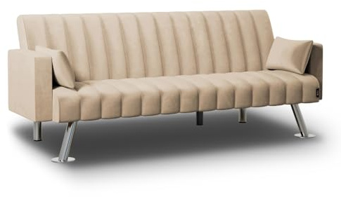Nalui - Sofá Cama 3 Plazas Acolchado 210x80x79cm One Lines, 2 Cojines y Apertura Clic-Clac con Reclinación Ajustable. Sofá Cama Chaise Longue Aterciopelado Convertible en Cama Doble | Beig