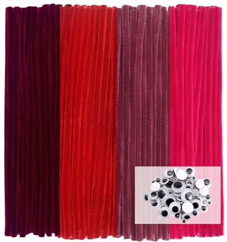 TOAOB 100 Pezzi Scovolini per Lavoretti Rosso Pipe Cleaner Bastoncini Decorativi e 100 Occhi Mobili Adesivi per Bambole Pupazzi Artigianato Scrapbooking Fai da Te