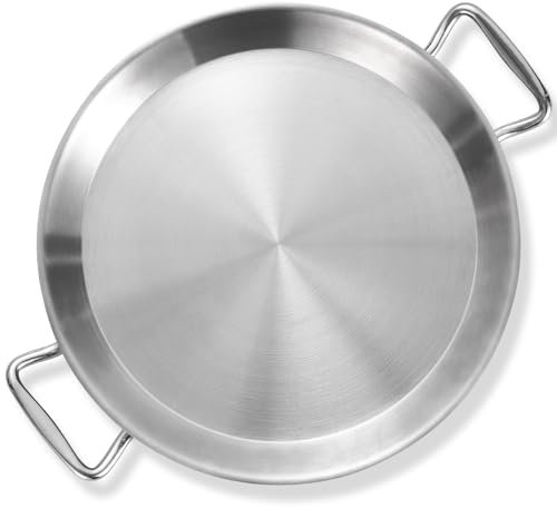 LOLYKITCH 13 Inch Tri-ply Stainless Steel Paella Pan,Griddle,Large Skillet,Omelet,Jumbo Cooker,Heavy Duty,Dishwasher and Oven Safe.