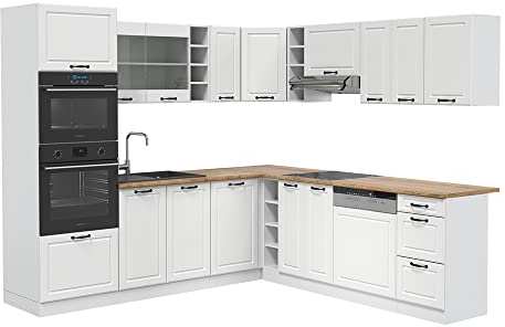 Vicco Eckküche R-Line, Weiß Landhaus, 247 x 60 cm, AP Eiche, für Flexible Anordnung und modulare Erweiterung