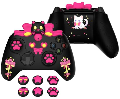 PlayVital Cute Schutzhülle für Xbox Series X/S Controller, rutschfeste Silikon Hülle Case Zubehör für Xbox Core Controller Skin mit Daumengriffkappen und Aufklebern(Sweetheart Kitty-Schwarz)