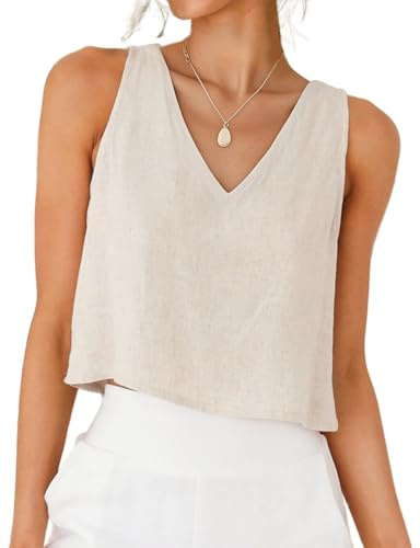 IDEALSANXUN Linen Shirts for Women 2026 Spring Summer V Neck Cute Cropped Blouses Tank Tops Linen Clothes, Beige, L