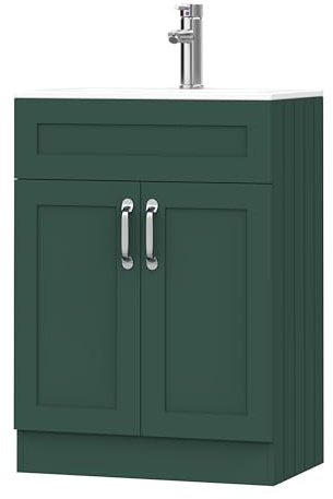 BELOFAY Crawley Green 600mm Floor Standing Bathroom Vanity Unit With Basin - Laquered Cloakroom Vanity Unit with 1 Tap Hole Ceramic Basin and Soft Close Hinges. (WASTE INCLUDED)