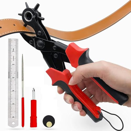 VOBOR Lochzange für Leder mit 6 Lochgrößen 2–4,5 mm, Ergonomische Anti-Rutsch Griffe, Revolverlochzange Gürtellochzange für Uhrenarmbänder, Hundehalsbänder, Stoffe, DIY und Bastelarbeiten