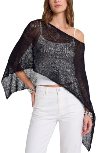 Transparent Poncho, Svart, Stickad med Asymmetrisk kant, Andningsbar, Strand och Sommar, För kvinnor