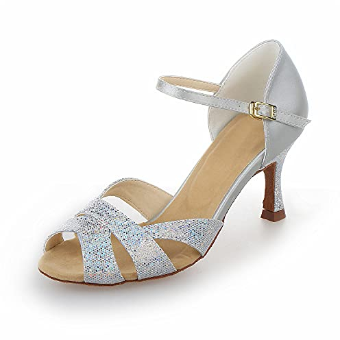 JIA JIA Y2054 Damen Sandalen Ausgestelltes Heel Super-Satin mit Pailletten Latein Tanzschuhe Silber, 35