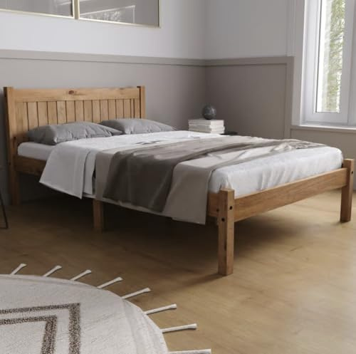 Happy Beds Rio Wooden Bed Waxed Pine Finish Traditional Frame Bedroom 4'6'' Double 135 x 190 cm
