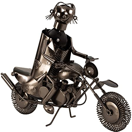 Moderner Wein Flaschenhalter Motorradfahrer aus Metall in silber Höhe 36 cm Länge 47 cm