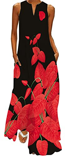 WINKEEY Femme Robe Longue Imprimé Floral Maxi Robe Bohème avec Poches sans Manches Grande Taille, Fleur Rouge M