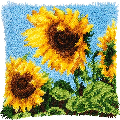 XUJINGJIE Knüpfkissen Kissenbezug Zum Selber Knüpfen Kissen DIY Latch Hook Kit Teppich Knüpfen Set Erwachsene, Sonnenblume, 42 X 42cm