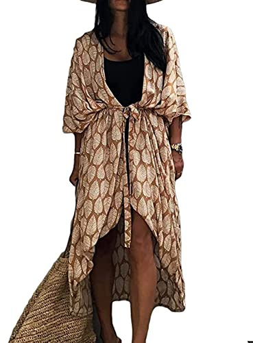 HYUET Maxi-strandklänning dam, bikini täckplagg dam i stor storlek, strandponcho, lång, boho, damkimono, lös, sommarpareo, lång sommarklänning, elegant maxiklänning i bomull, för semester, C-gul, En