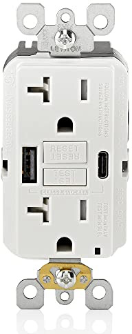 Leviton 20A SmartlockPro Self-Test GFCI Combination with Type A & Type-C USB in-Wall, USB Charger for Smartphones and Tablets, GUAC2-W