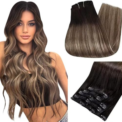 Balayage Clip in Extensions Remy Echthaar Clip Extensions Echthaar Doppelt Tressen Clip in Haarverlangerung Aus Schwarz Mix Mittelbraun und Honigblond 16 Zoll 70g 5Pcs #1B/6/27