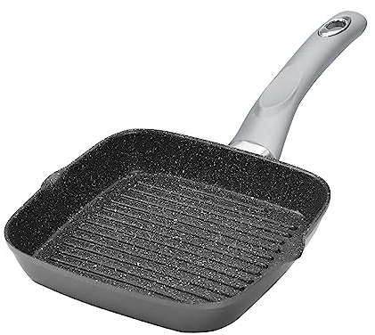 STONELINE Gourmundo Grillpfanne, 16 x 16 cm, Aluguss Pfanne antihaftbeschichtet mit echten Steinpartikeln, Schüttkerben, grau, Kleine Pfanne Induktion und backofengeeignet, Steakpfanne eckig