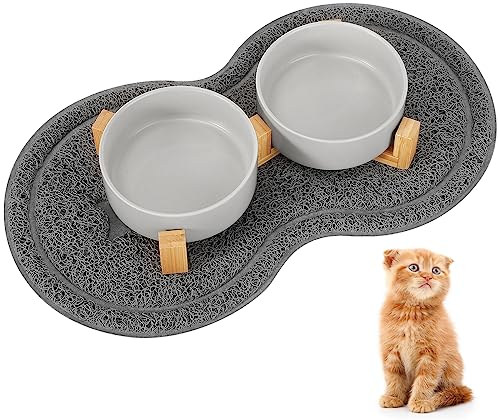 Revivoer Katzennapf Set Futternapf Fressnapf Keramik, Trinknapf Set mit Massivholz Ständer mit Holzständer, 2 Stück 400ML Erhöhter Fressnapf und rutschfeste Katzennäpfe (Grau)