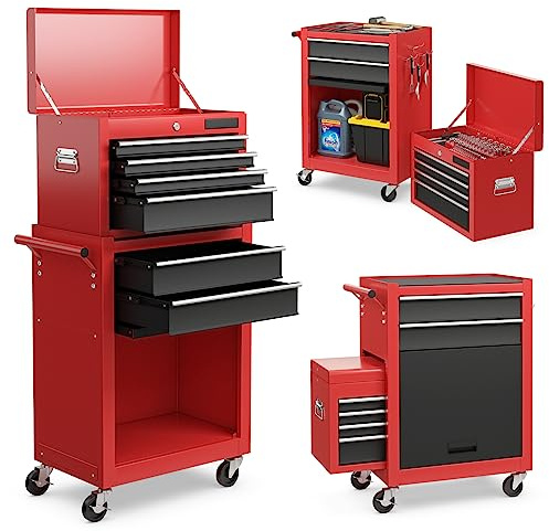 S AFSTAR 6-Drawer Rolling Tool Chest, High Capacity Tool Storage Cabinet with 4 Hooks, Locking System and Universal Wheels, 2-in-1 Detachable Large Toolbox for Garage Workshop (Black & Red)