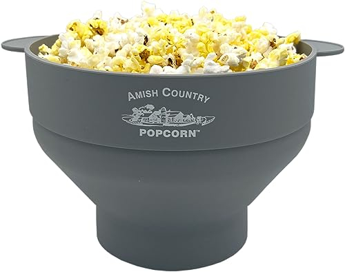 Amish Country Popcorn | Hopfällbar silikon-mikrovågspopper med anpassad ACP-logotyp | BPA-fri och PVC-fri popcornskål med handtag | diskmaskinssäker | Inkluderar 59 – 57 ml påsar med kärnor (grå)