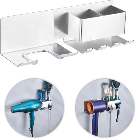 YYBO Fönhalter Föhn Halterung Ohne Bohren, Edelstahl Haartrockner Halterung, Föhnhalter Wand, Haartrocknerhalter Wandhalterung Fönhalterung mit Steckerhalter & Aufbewahrung für Bad Barbershop Hotel